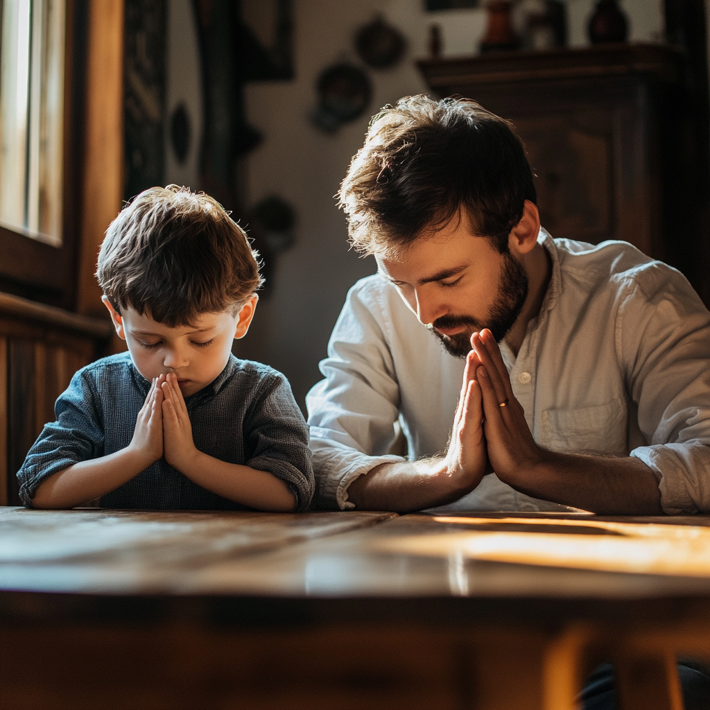 u2713848924_father_and_son_praying_at_table_no_hands_showing__a8ff553e-2d6f-4c33-a940-d67a47accc54_0